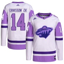 Minnesota Wild Men's Joel Eriksson Ek Adidas Authentic White/Purple Hockey Fights Cancer Primegreen Jersey
