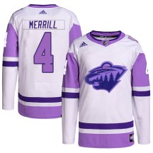 Minnesota Wild Men's Jon Merrill Adidas Authentic White/Purple Hockey Fights Cancer Primegreen Jersey