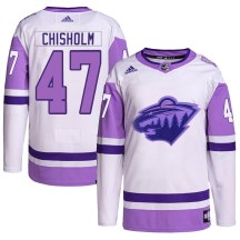 Minnesota Wild Youth Declan Chisholm Adidas Authentic White/Purple Hockey Fights Cancer Primegreen Jersey