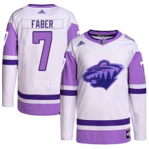 Minnesota Wild Youth Brock Faber Adidas Authentic White/Purple Hockey Fights Cancer Primegreen Jersey