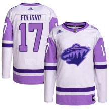 Minnesota Wild Youth Marcus Foligno Adidas Authentic White/Purple Hockey Fights Cancer Primegreen Jersey