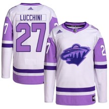 Minnesota Wild Youth Jacob Lucchini Adidas Authentic White/Purple Hockey Fights Cancer Primegreen Jersey