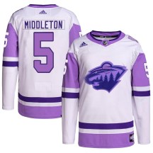 Minnesota Wild Youth Jake Middleton Adidas Authentic White/Purple Hockey Fights Cancer Primegreen Jersey