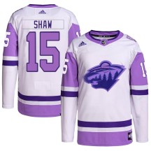 Minnesota Wild Youth Mason Shaw Adidas Authentic White/Purple Hockey Fights Cancer Primegreen Jersey