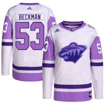 Minnesota Wild Men's Adam Beckman Adidas Authentic White/Purple Hockey Fights Cancer Primegreen Jersey